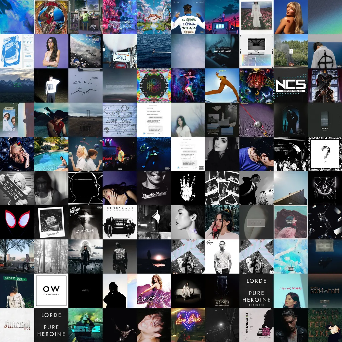 A ten by ten Last.fm collage: a hundred album covers laid out in a grid, generated from a listener's own scrobbles.